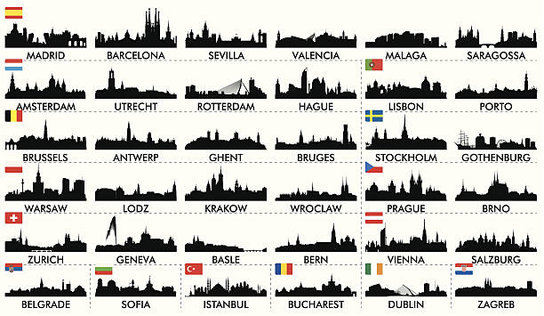 City ​​skyline European countries2 Set of silhouettes of European cities barcelona stock illustrations