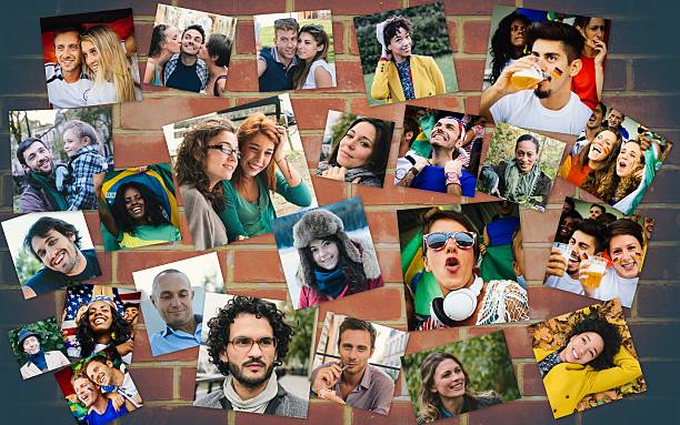 Many people portrait on a brick wall Many people portrait on a brick wall family photo on wall stock pictures, royalty-free photos & images