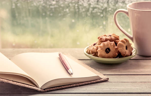 istock Pen on open notebook with cookies and coffee cup 491684382