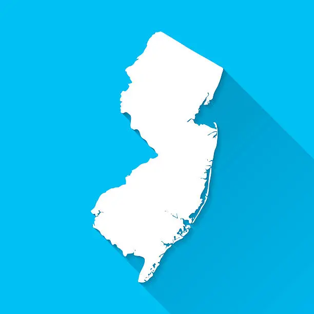 Vector illustration of New Jersey Map on Blue Background, Long Shadow, Flat Design