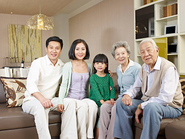 happy asian family home portrait of a happy asian family. korean ethnicity photos stock pictures, royalty-free photos & images