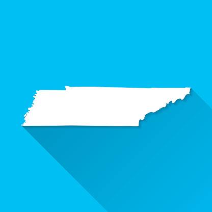 Tennessee Map on Blue Background, Long Shadow, Flat Design