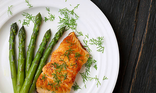 istock Salmon Fillet With Asparagus on White Plate 491686081