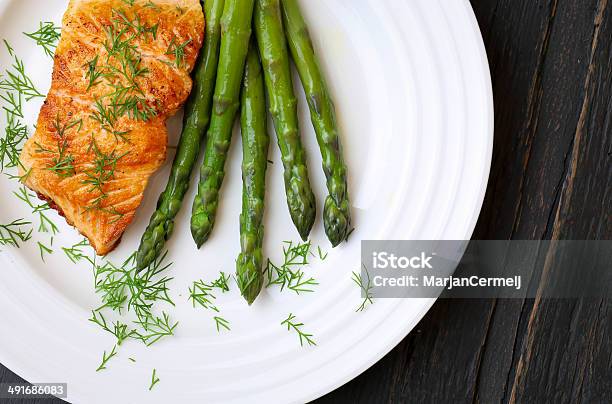 Salmon Fillet With Asparagus On White Plate Stock Photo - Download Image Now - Appetizer, Fillet, Food State