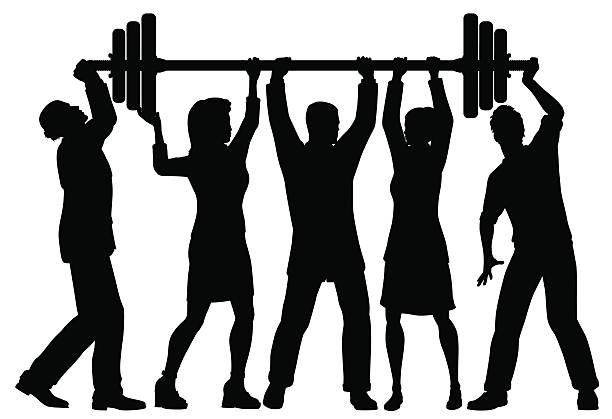 Team power EPS8 editable vector silhouette of a business team working together to lift a heavy weight barbell with all figures as separate objects dumbbell silhouette stock illustrations