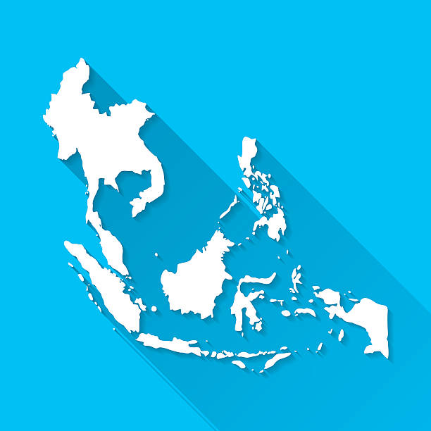 ilustrações, clipart, desenhos animados e ícones de sudeste asiático mapa em fundo azul, longa sombra, design 2d - map usa southeast cartography