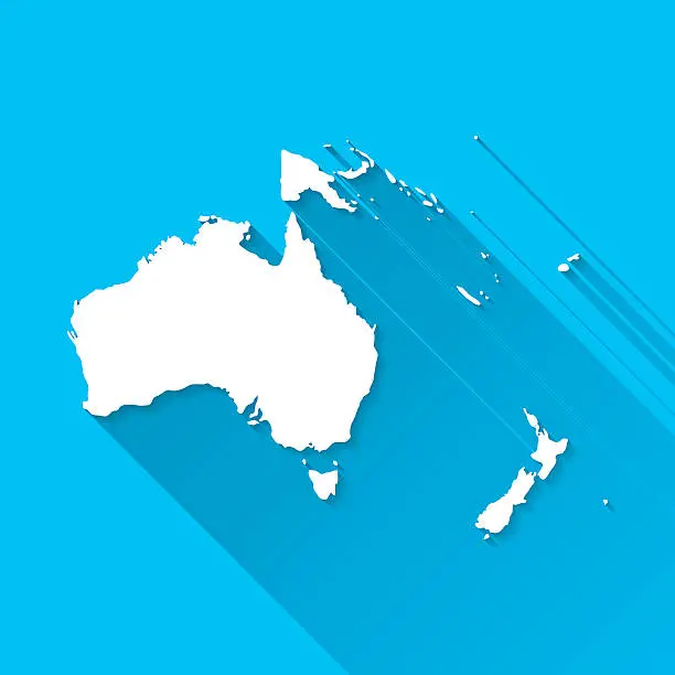 Vector illustration of Oceania Map on Blue Background, Long Shadow, Flat Design