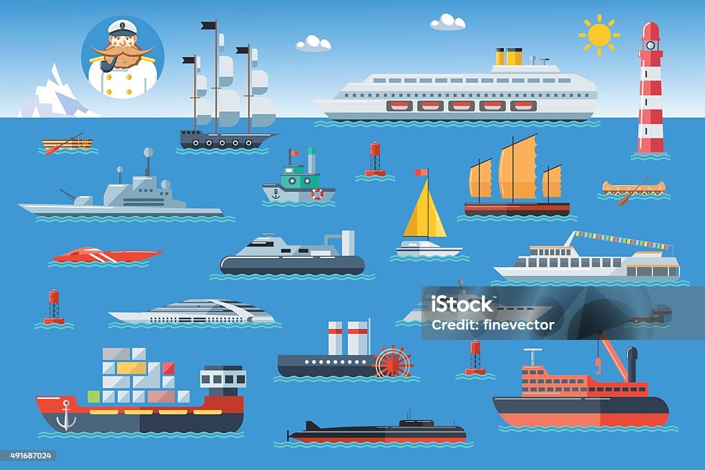 Big set of sea ships. Side view vector illustration. Big set of sea ships. Water carriage and maritime transport in flat design style. Side view vector illustration. Buoy stock vector