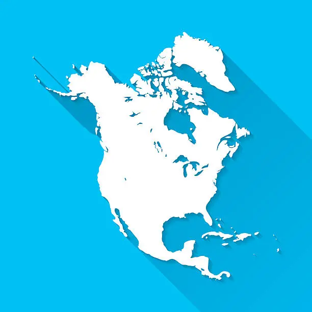 Vector illustration of North America Map on Blue Background, Long Shadow, Flat Design