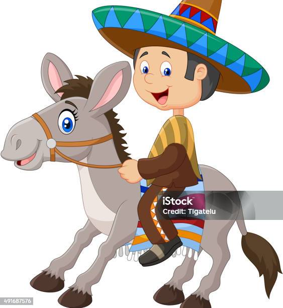 Mexican Men Riding A Donkey Isolated On White Background Stock Illustration - Download Image Now