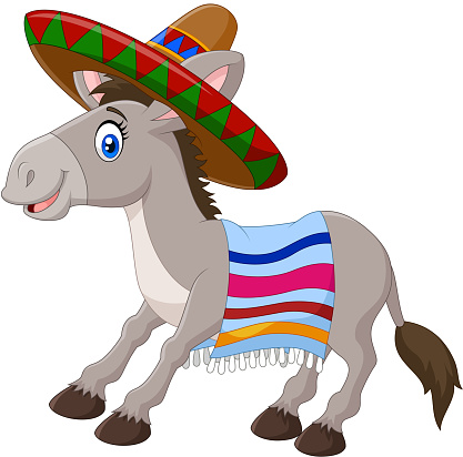 Vector illustration of Mexican donkey wearing a sombrero and a colorful blanket. isolated on white background