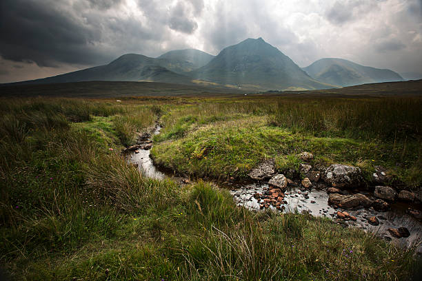 Rays of light Dramatic landscape in Glencoe valley - Scotland - UK. lochaber stock pictures, royalty-free photos & images