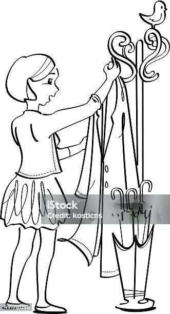 Girl Hanging Rain Coat On A Stand Stock Illustration - Download Image Now - Adult, Coat - Garment, Illustration