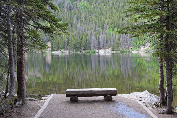 Bear Lake, Rocky Mountains Rocky Mountain National Park in Colorado, USA. Bear Lake - bench with scenic view. colorado rocky mountain national park lake mountain stock pictures, royalty-free photos & images