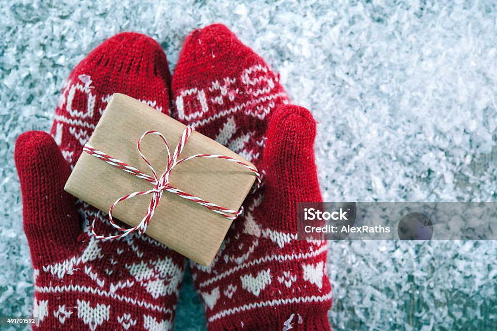 Christmas gift Female hands in winter gloves with christmas gift box Birthday Stock Photo