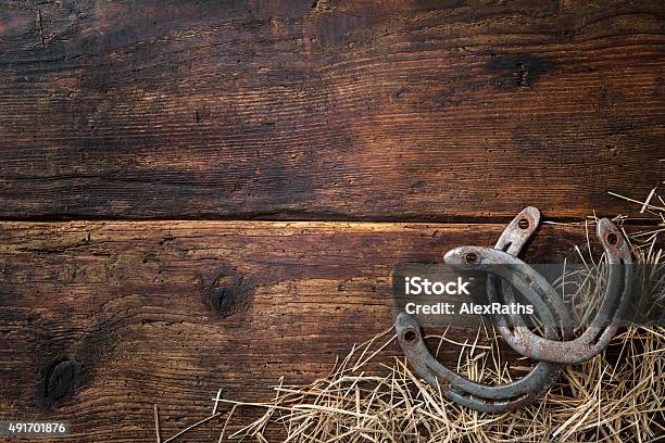 Two Old Rusty Horseshoes With Hay Stock Photo - Download Image Now - Wild West, Hay, Horseshoe