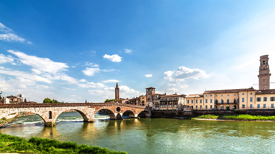Verona cityscape. View of ancient medieval Ponte di Pietra 