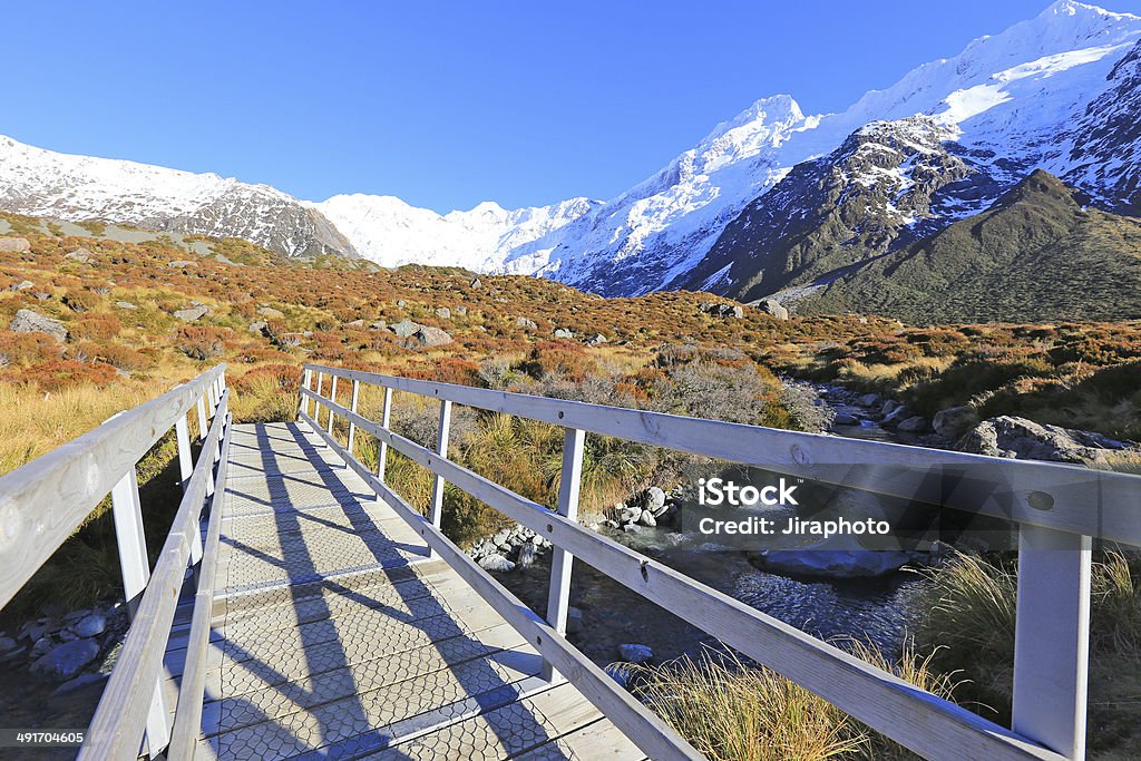 Bridge to the mountain Bridge to the mountain in Mt. Cook National Park, New Zealand Court Of The Patriarchs Stock Photo