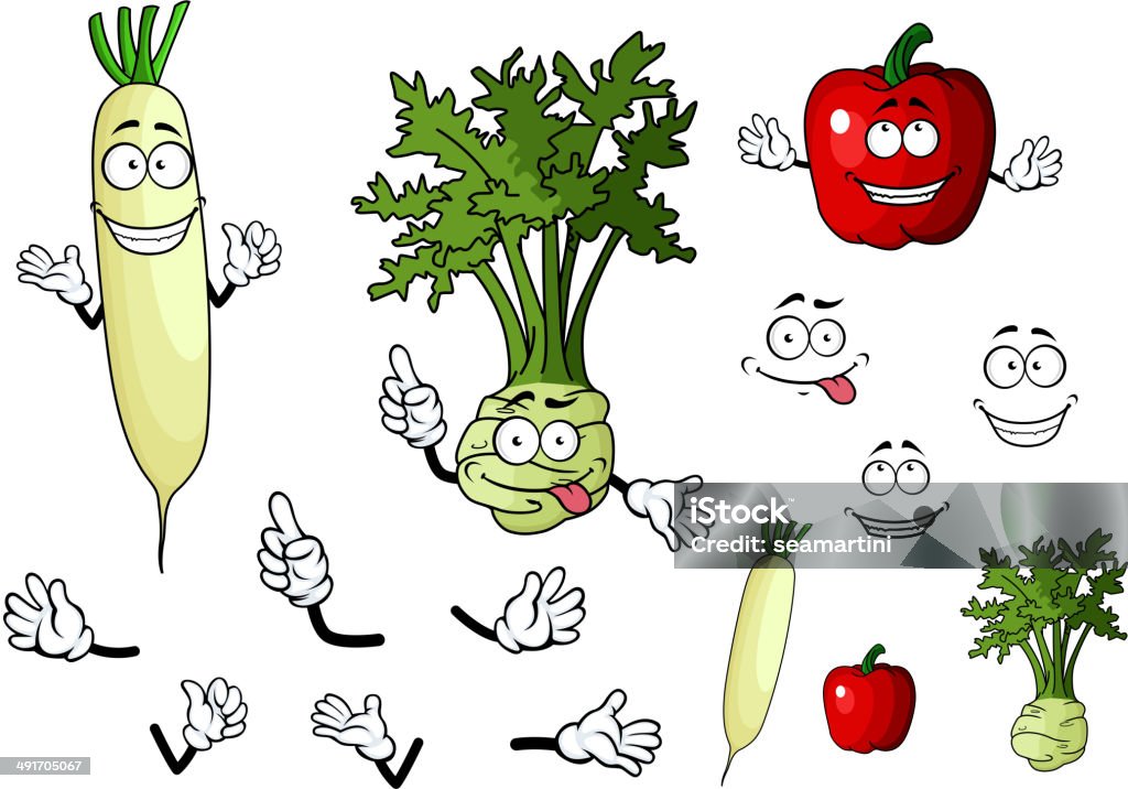 Turnip, radish and pepper vegetables Turnip, radish and pepper vegetables in cartoon style for food design Cartoon stock vector