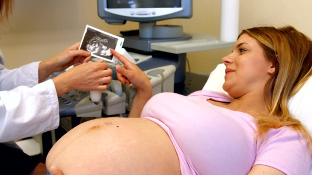 Doctor showing a pregnant woman her ultrasound scan