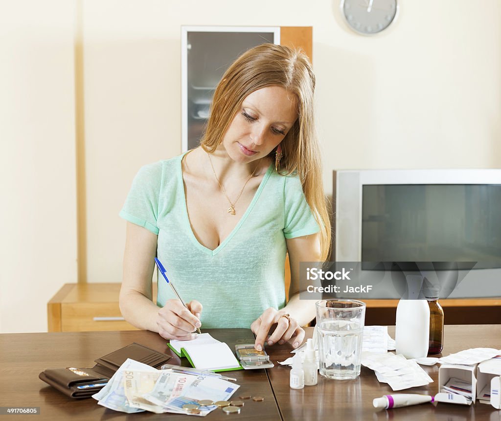 serious woman counting the cost of medications serious woman counting the cost of medications for treatment at home Adult Stock Photo