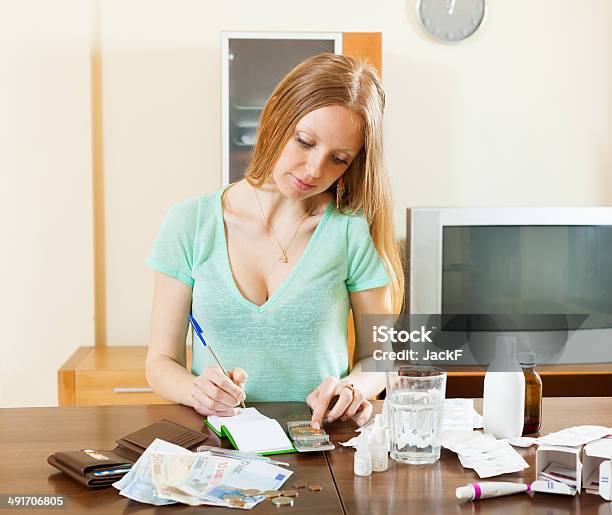 Serious Woman Counting The Cost Of Medications Stock Photo - Download Image Now - Adult, Blond Hair, Budget