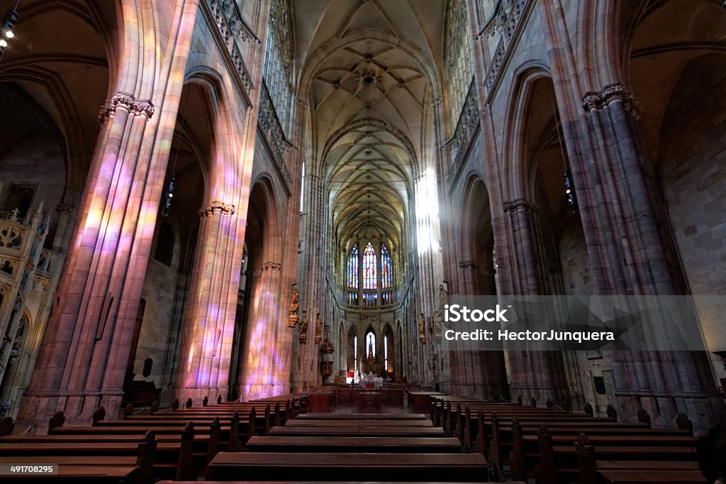 Saint Vitus's Cathedral Interior Shot of the inside of Saint Vitus Cathedral, in Prague, Czech Republica at sunset. Architecture Stock Photo