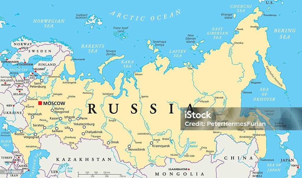 Russia Political Map Russia political map with capital Moscow, national borders, important cities, rivers and lakes. English labeling and scaling. Illustration. Map stock vector