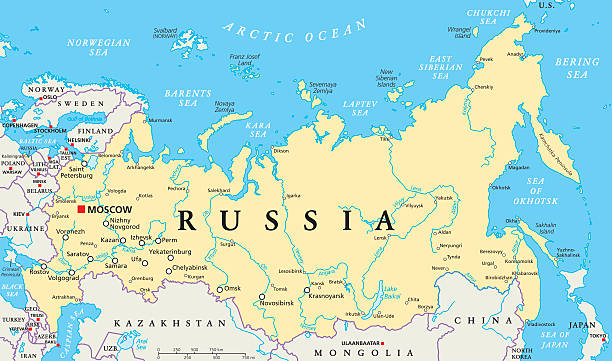 Russia Political Map Russia political map with capital Moscow, national borders, important cities, rivers and lakes. English labeling and scaling. Illustration. former soviet union stock illustrations