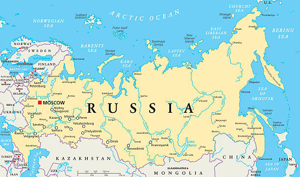 Russia Political Map Russia political map with capital Moscow, national borders, important cities, rivers and lakes. English labeling and scaling. Illustration. russia map stock illustrations