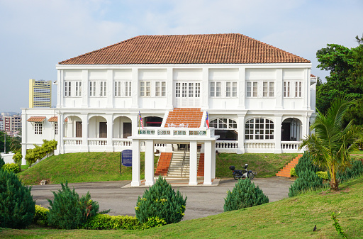 Malacca, Malaysia - August 18, 2014: The facade of colonial building in Malacca downtown, Malaysia. Malacca has numerous historical places and buildings.