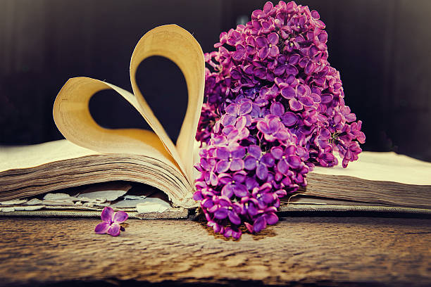 istock Blooming lilacs and old books on a wooden table. 491712110