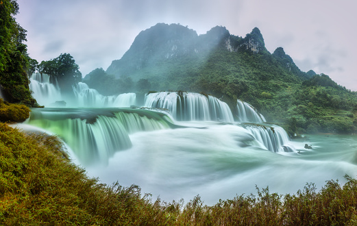 Ban Gioc Waterfall craggy limestone permissive side misty morning with foreground grass and tones of the lower cascade. It is considered the most beautiful waterfalls in Southeast Asia and is a national scenic Vietnam