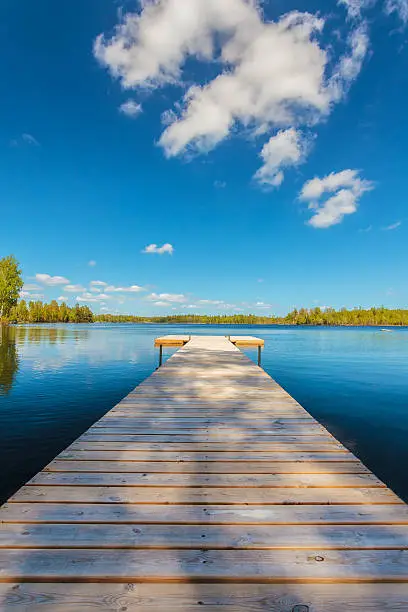 Deserted wooden jetty on a sunny day in the province of Smaland in Sweden