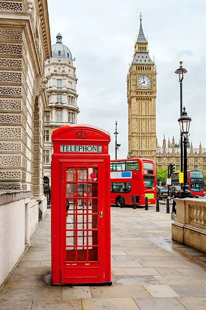 Red phone booth, double decker buses and Big Ben. London, England