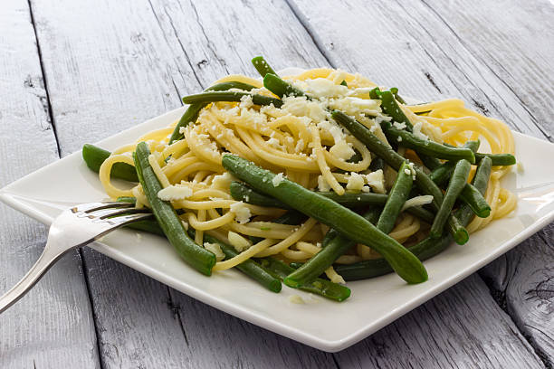 Spaghetti with garlic oil and green beans from Italy