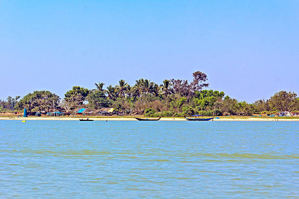 Scenic beauty of a small lagoon on the banks of Netravati River near Ullal, Mangalore, Karnataka, India with coconut palm grove in the background.