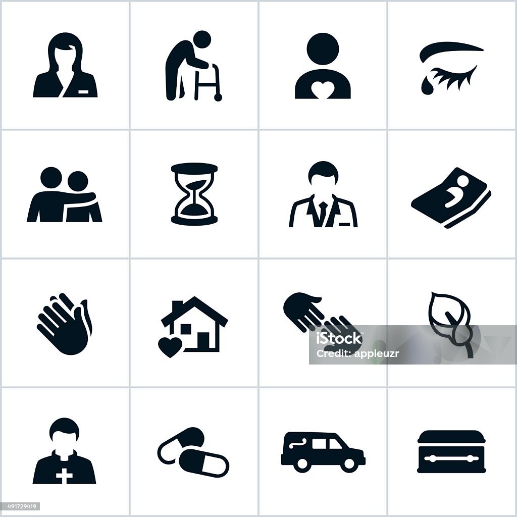 Black Hospice Care Icons Black hospice related icons. The set includes icons symbolizing love and care assistance to those in hospice care. The set also includes healthcare professionals like a nurse and doctor as well as a priest. Icon Symbol stock vector