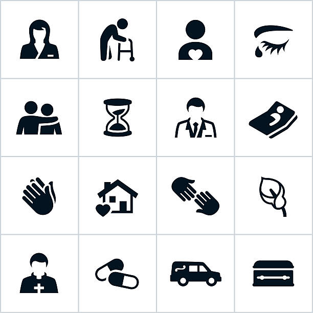 Black Hospice Care Icons Black hospice related icons. The set includes icons symbolizing love and care assistance to those in hospice care. The set also includes healthcare professionals like a nurse and doctor as well as a priest. death icon stock illustrations