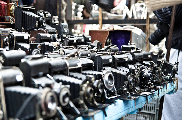 London, England - November 2, 2013: Many vintage cameras on a stall at the Portobello Road Market in London.