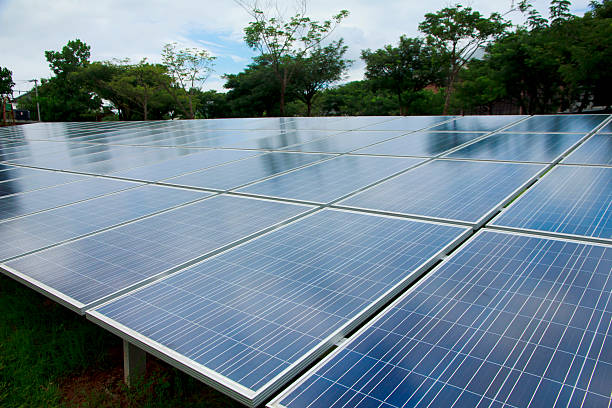 istock Stock Photo: Field with blue siliciom solar cells alternative en 491730836