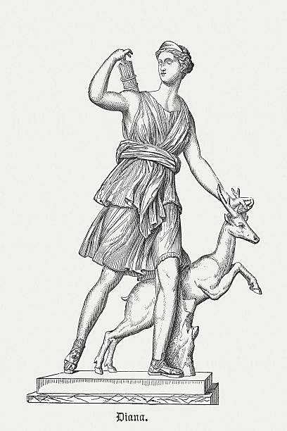 Diana of Versailles, published in 1878 Diana - Roman goddess of the hunt, the moon and childbirth. Wood engraving after an ancient sculptor (Diana of Versailles, Roman copy, 1st or 2nd century AD of a lost Greek bronze original c. 325 BC.) in the Musée du Louvre, Paris, published in 1878. Artemis stock illustrations