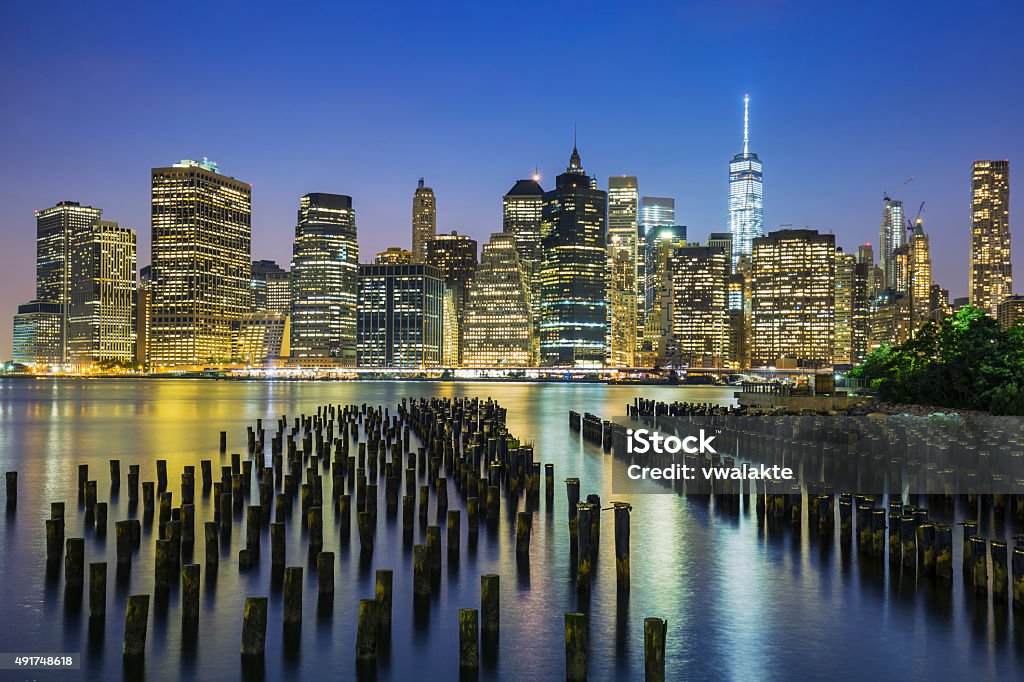 skyline at dusk View of New York City Manhattan downtown skyline at dusk, USA. 2015 Stock Photo