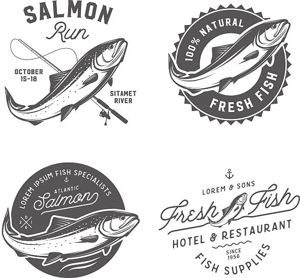 ilustrações de stock, clip art, desenhos animados e ícones de fresco peixe salmão emblemas vintage, emblemas e elementos de design conjunto - fish seafood prepared fish nautical vessel