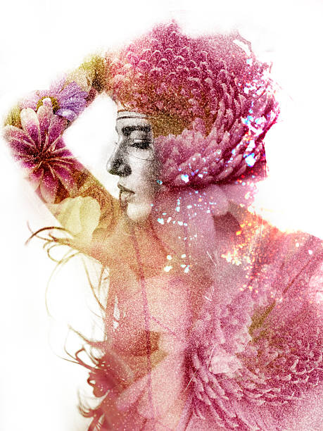 doppia esposizione di una silhouette di una donna con piena di fiori dalia - isolated flower beautiful nature foto e immagini stock