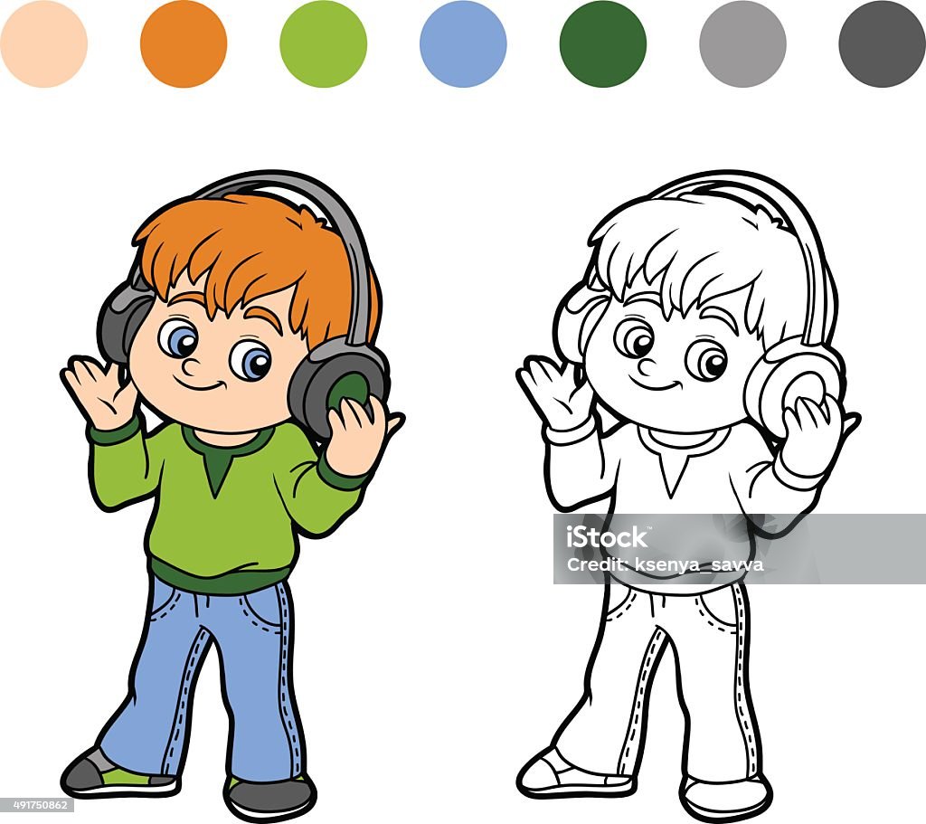 Coloring book: little boy listening to music on headphones Coloring book for children: little boy listening to music on headphones 2015 stock vector