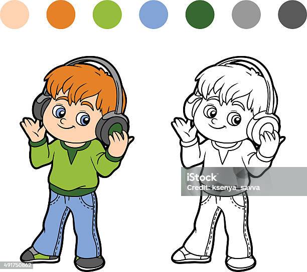Coloring Book Little Boy Listening To Music On Headphones Stock Illustration - Download Image Now