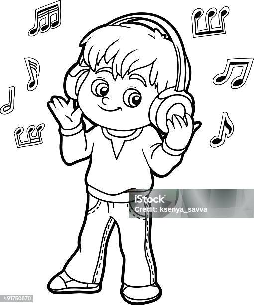 Coloring Book Little Boy Listening To Music On Headphones Stock Illustration - Download Image Now