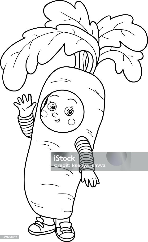 Coloring book for children: Halloween characters (carrot) Coloring book for children: Halloween characters (boy in a carrot costume) Coloring Book Page - Illlustration Technique stock vector