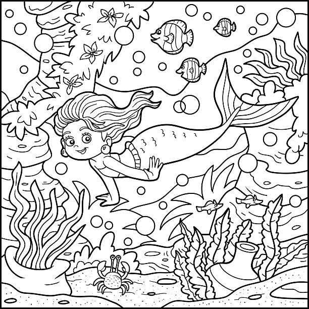 книга-раскраска: little mermaid и sea world - little girls nature teenage girls small stock illustrations